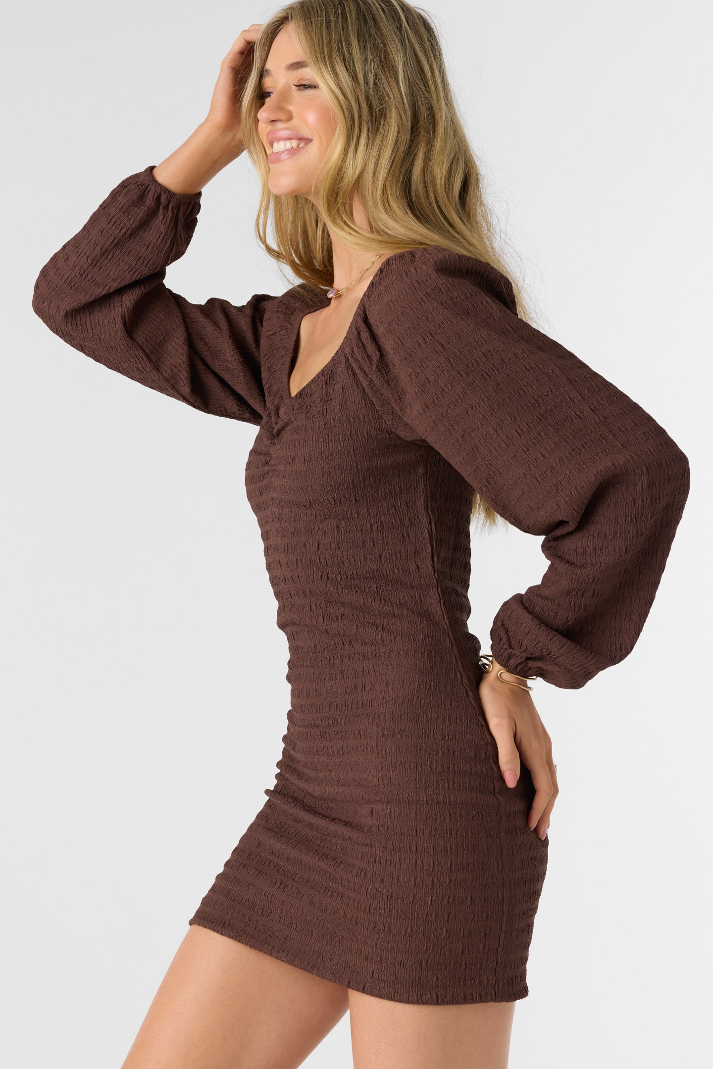 Tegan Smocked Knit Long Sleeve Mini Dress - O'Neill Clothing